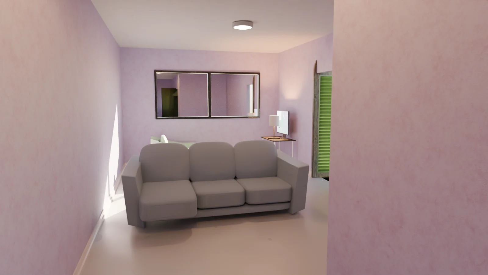 Still render inside the generated home: a lavender living room with a grey sofa, a wall mirror, a side table with a lamp, and a green shuttered window