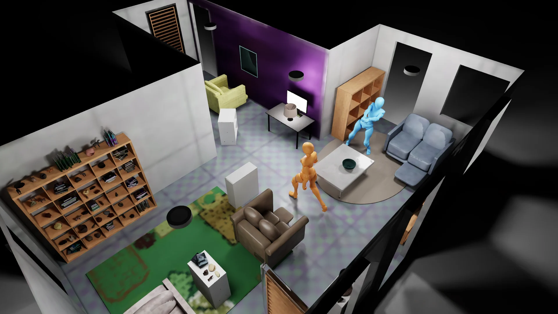 The exported native-indoor home rendered in Isaac Sim: a cutaway view of the living room with a purple accent wall, bookshelves, sofas, and two animated characters