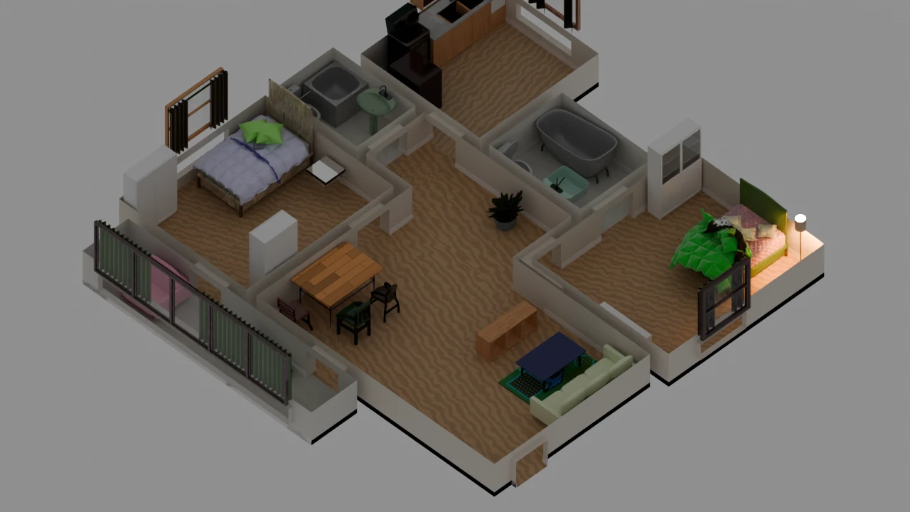 Cutaway render of the compiled multi-room apartment with furnished bedrooms, kitchen, bathrooms, living room, and balcony