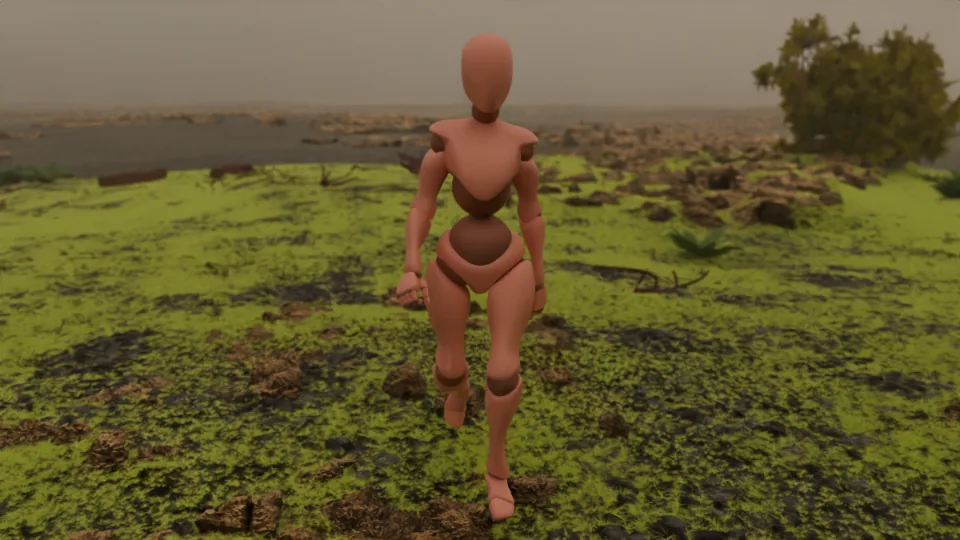 A mannequin character walks across a mossy meadow with rocks and a shoreline in the distance