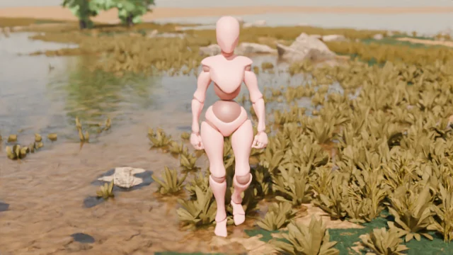 Outdoor frame t0: a character walks across wetland vegetation
