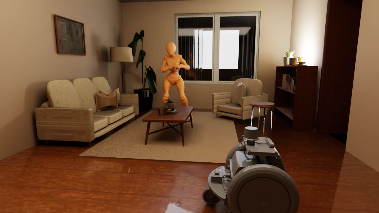 An animated person and NVIDIA Carter robot in the compiled real-to-sim living room rendered in Isaac Sim