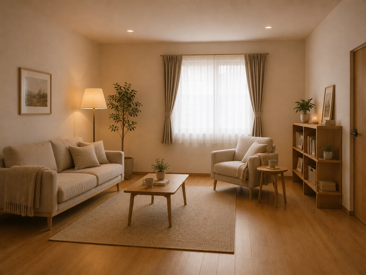 The input photograph of the beige living room that was compiled into this scene