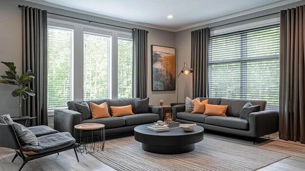 Input photograph of a living room with two grey sofas, orange cushions, a round black coffee table, and blinded windows