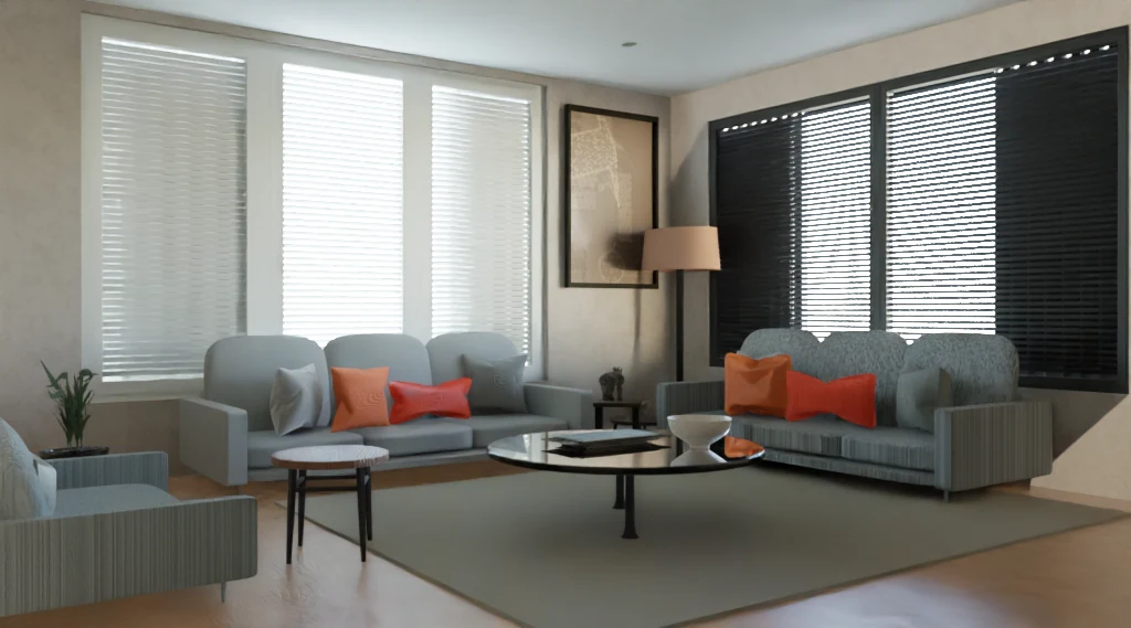 The photographed living room compiled as procedural assets with aligned materials, rendered from the recovered camera