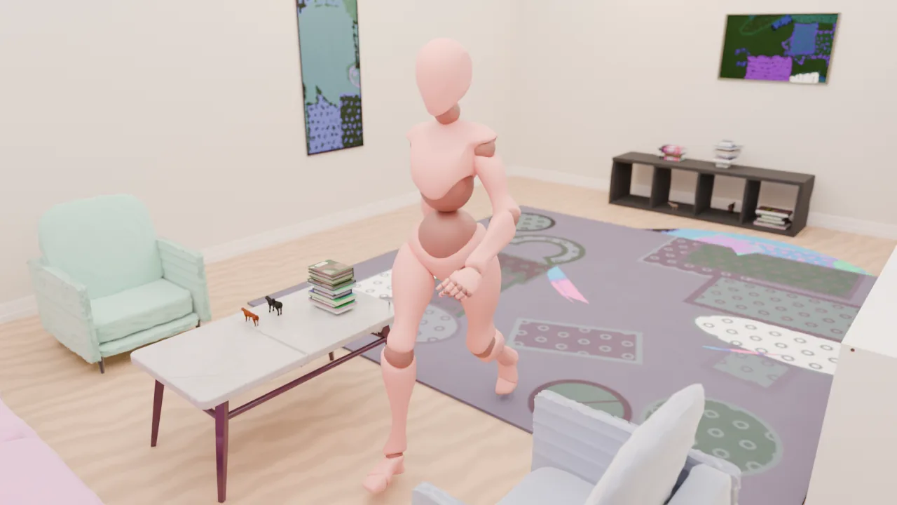 A mannequin character walks across the generated living room while a planned camera tracks it